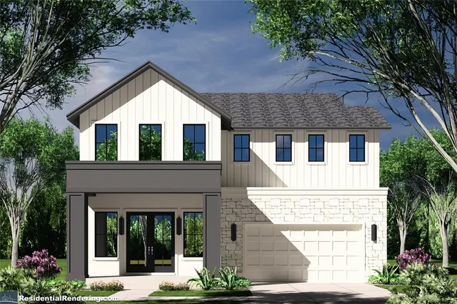 a view of a white house with potted plants and a large tree