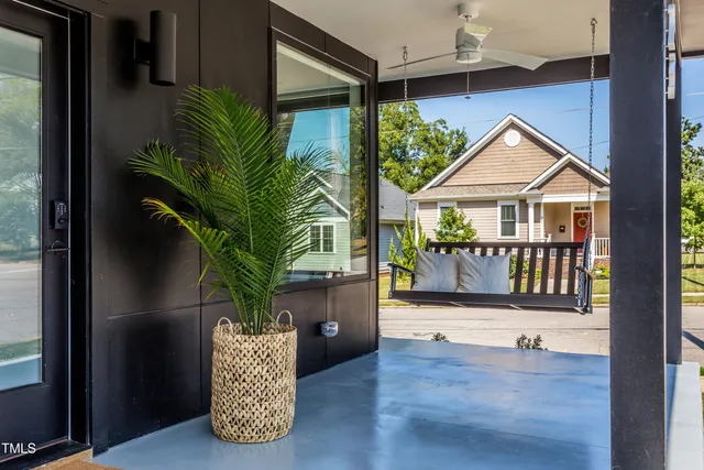a potted plant sitting in front of a house