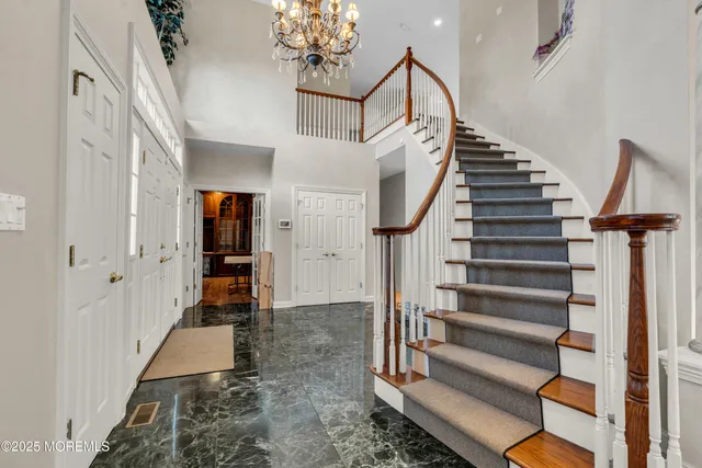 a view of a chandelier in a room