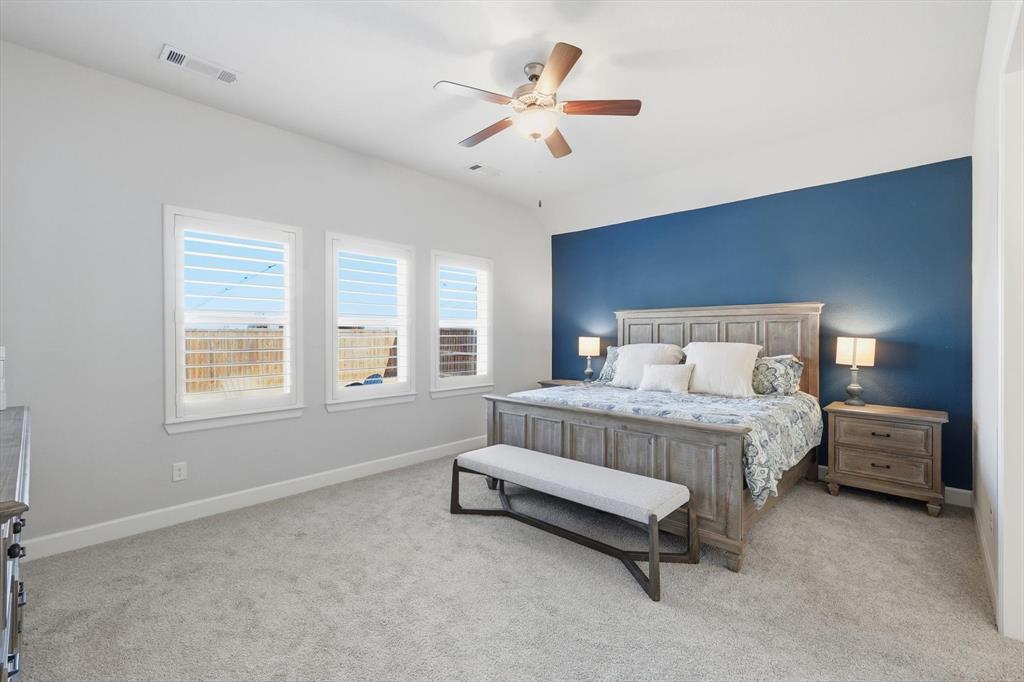 1701 Shetland Road Aubrey, TX 76227 - Photo 11 of 34 Primary bedroom overlooking the private backyard and fire pit area! Room has been freshly painted, and new carpet installed!
