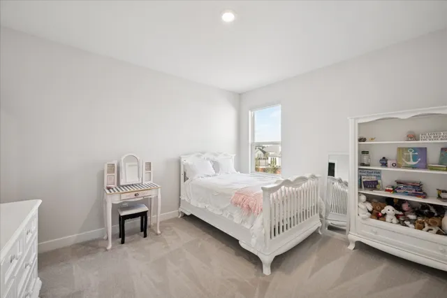 a bed room with furniture and a book shelf