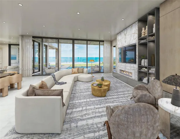 a living room with furniture a flat screen tv and a large window