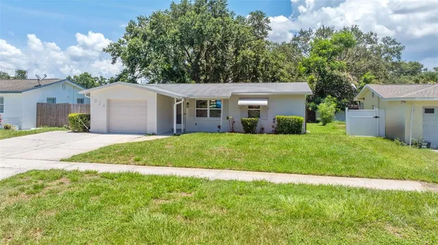 a front view of house with yard and green space