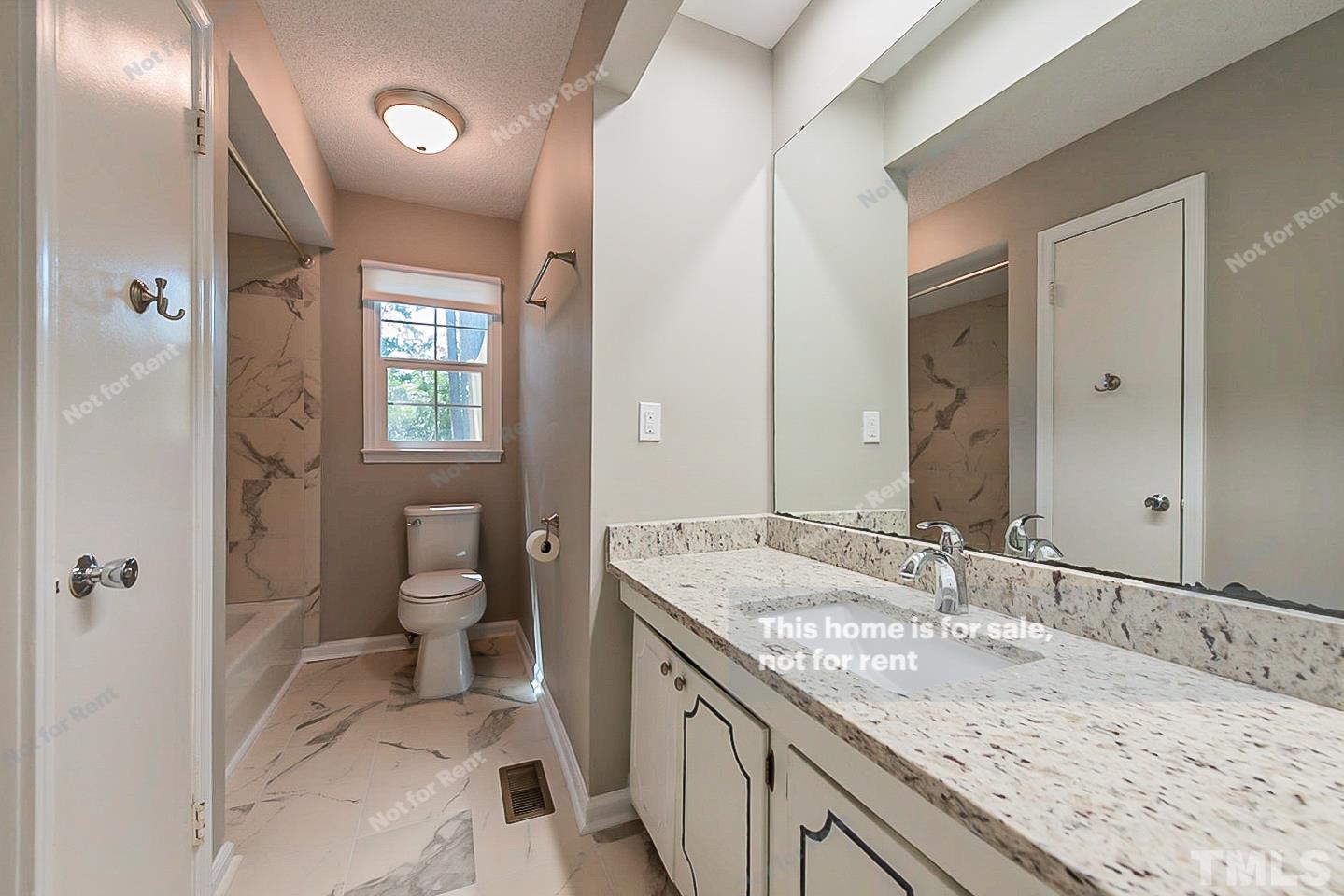 1338 Sedwick Road Durham, NC 27713 - Photo 16 of 20 a bathroom with a granite countertop sink a toilet and a large mirror
