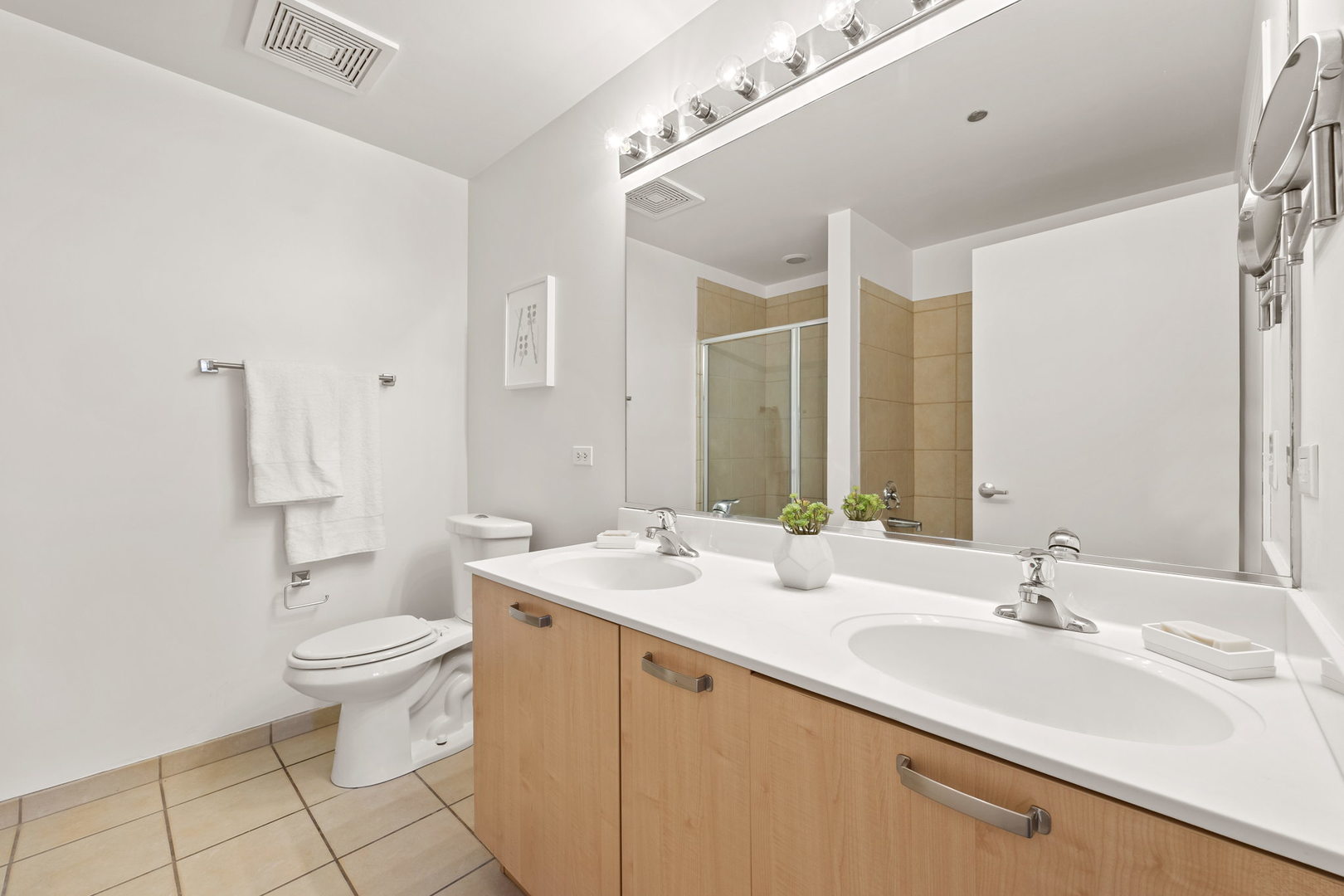111 South Morgan Street, Unit 707 Chicago, IL 60607 - Photo 14 of 22 a bathroom with a double vanity sink toilet and a mirror
