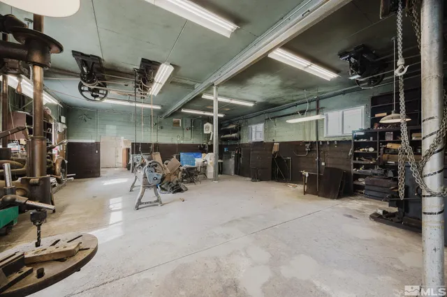 a view of a garage with storage