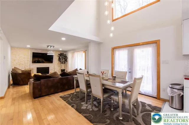 a view of a dining room with furniture