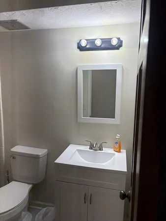 a bathroom with a sink toilet and mirror
