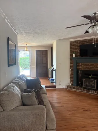a living room with furniture window and a fireplace
