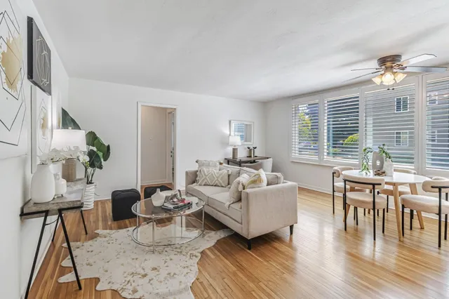 a living room with furniture a table and a potted plant