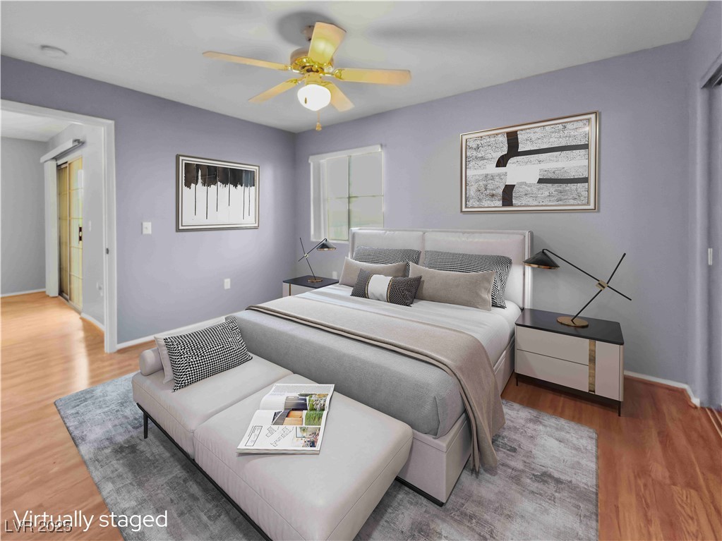 Primary bedroom with ensuite. Virtually staged
