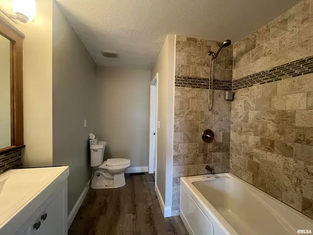 a bathroom with a bathtub and a toilet