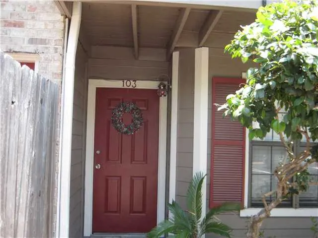a couple of potted plants in front of door