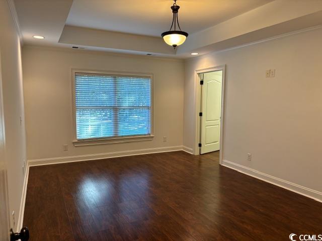 2477 Pleasant Grove Road Loris, SC 29569 - Photo 12 of 25 Spare room featuring a raised ceiling, dark wood-type flooring, recessed lighting, and ornamental molding