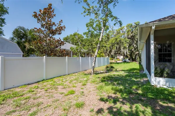 a backyard of a house with plants and large tree