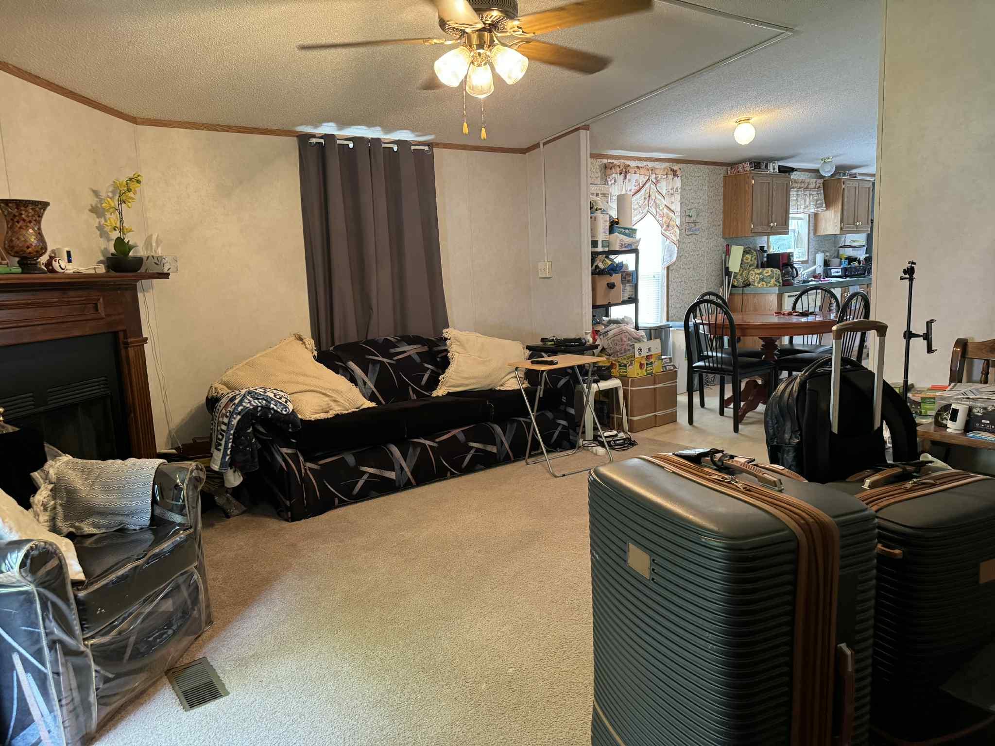 108 Todd Road Woodbourne, NY 12788 - Photo 6 of 13 Living room with ornamental molding, ceiling fan, carpet, a textured ceiling, and a fireplace