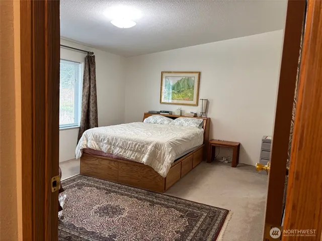 a bedroom with a bed and a rug