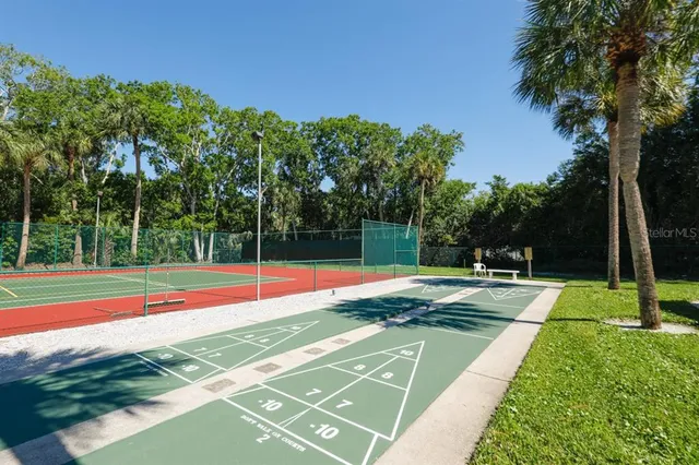 a view of a tennis ground with large trees