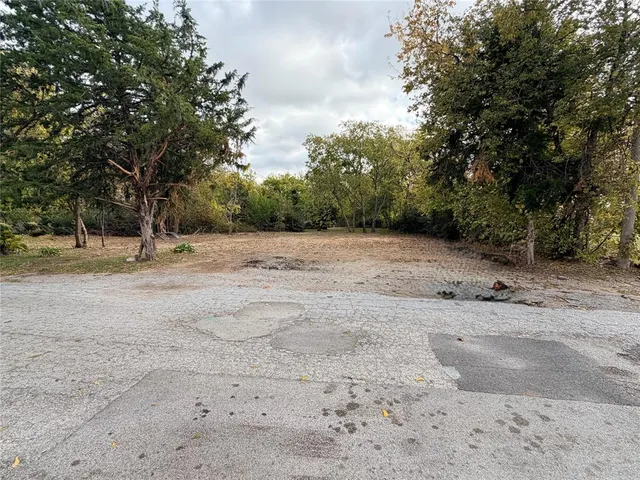 a view of dirt field with trees in background