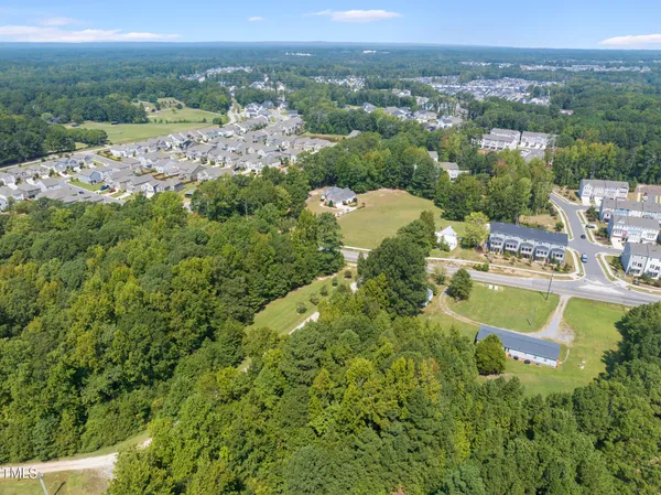 a view of a city with lush green forest