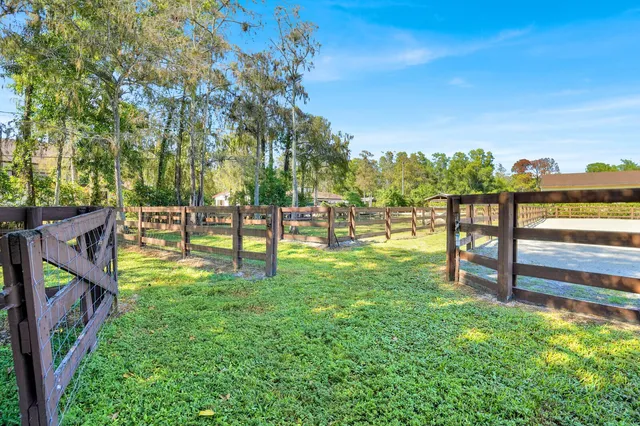 a view of a garden with an outdoor space