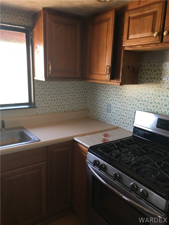 4238 West Ranch Road Golden Valley, AZ 86413 - Photo 25 of 45 a kitchen with granite countertop a stove and a sink