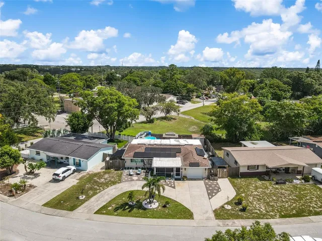 an aerial view of a house with a yard and potted plants