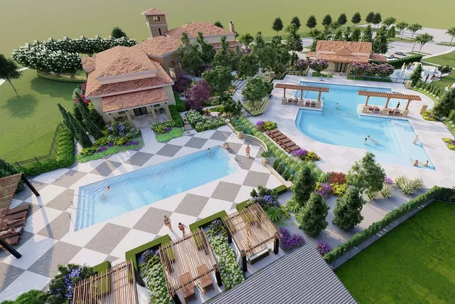 a view of a swimming pool with a porch