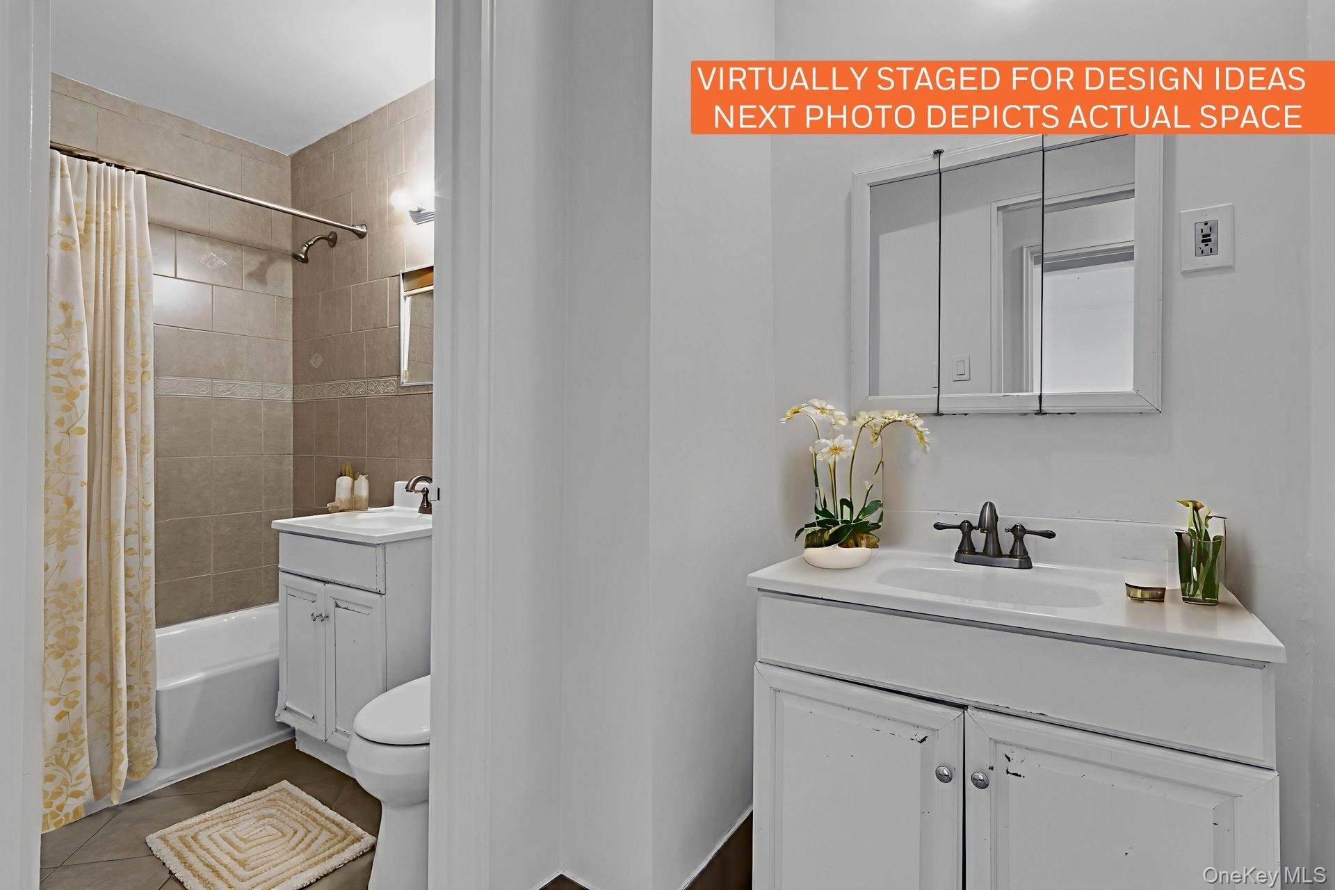 211-40 18th Avenue, Unit 6C Queens, NY 11360 - Photo 31 of 41 Full bathroom featuring two vanities, shower / bath combination with curtain, and dark tile patterned flooring