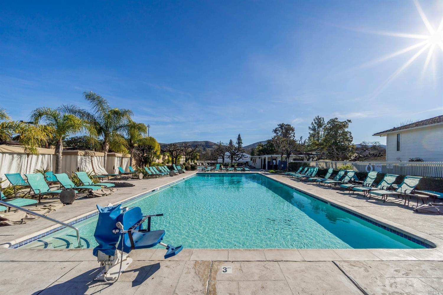 a view of a swimming pool and lounge chair