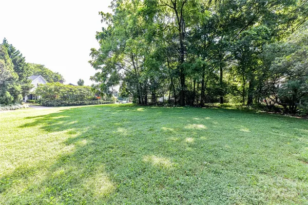 a view of a grassy field with trees in the background