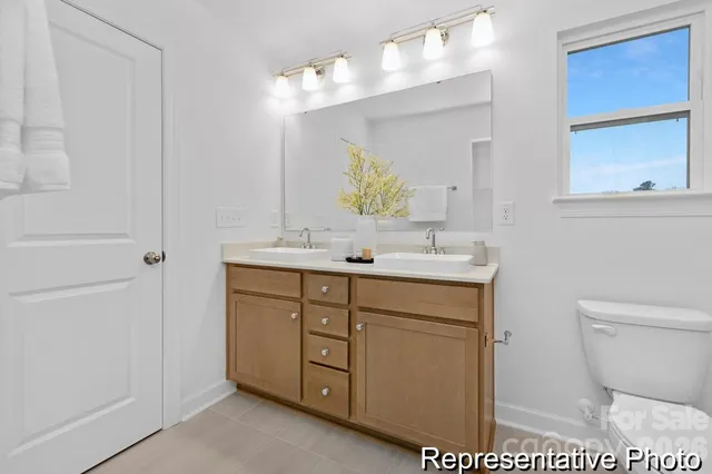 a bathroom with a sink a toilet and mirror