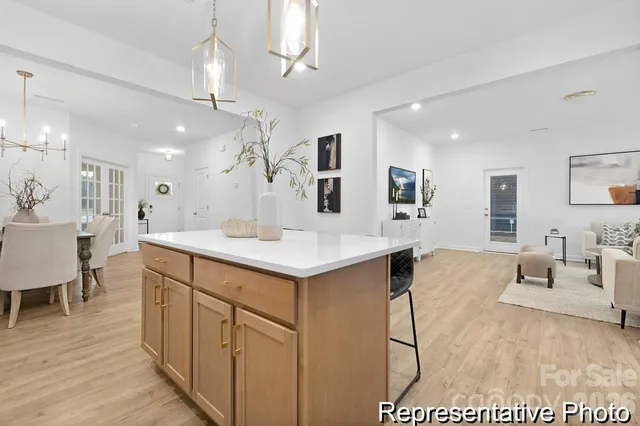 a kitchen with kitchen island a sink a counter space and stainless steel appliances