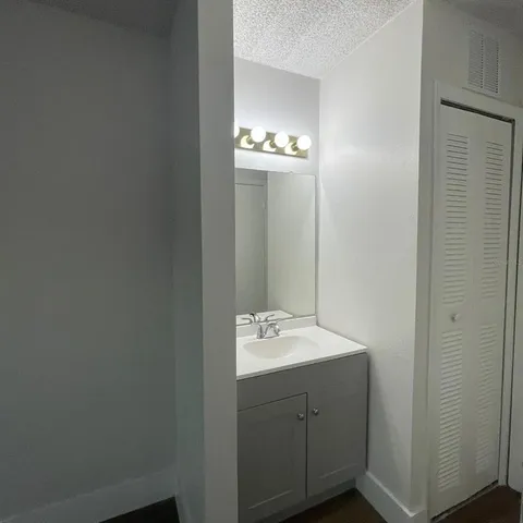 a bathroom with a sink and a mirror