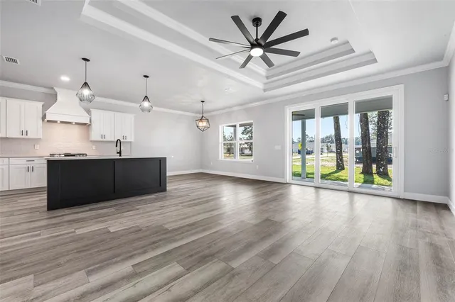 a view of kitchen and hall with wooden floor