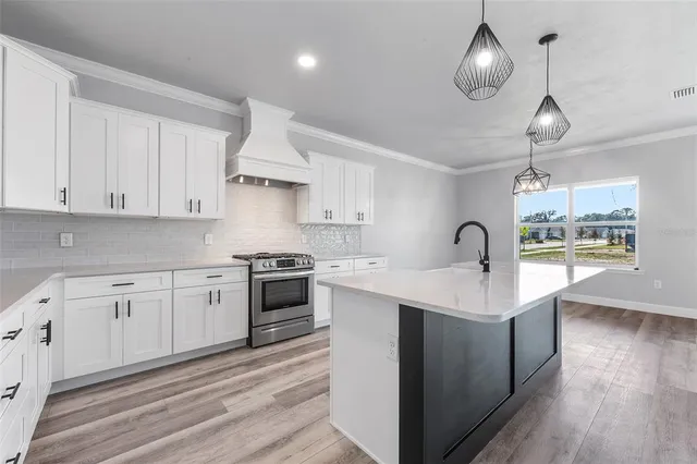 a kitchen with stainless steel appliances granite countertop a sink a stove and a wooden floors