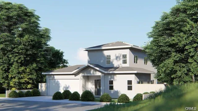 a white house with a large pool plants and large trees