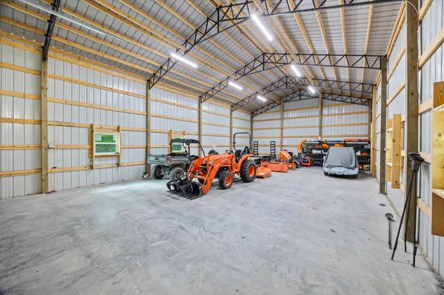 a view of a garage with storage