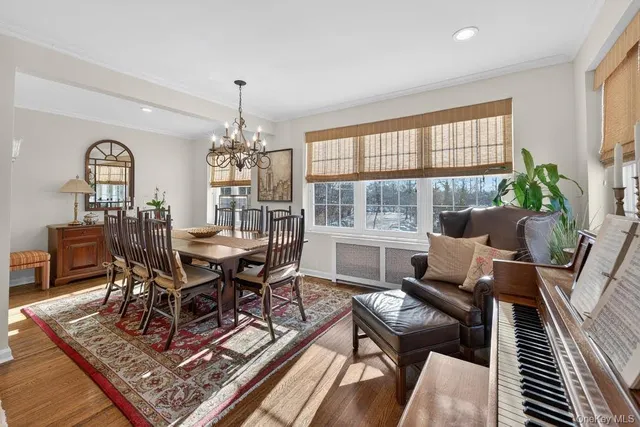 a dining room with furniture window and wooden floor