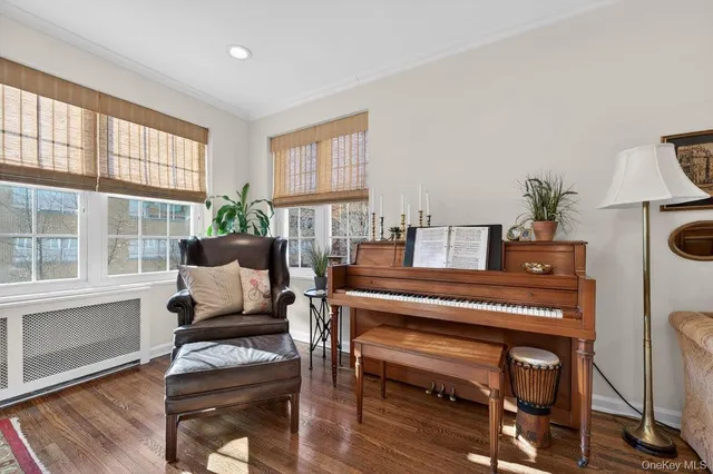 a living room with furniture a wooden floor and a piano