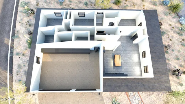 a upper view of a house with a outdoor space