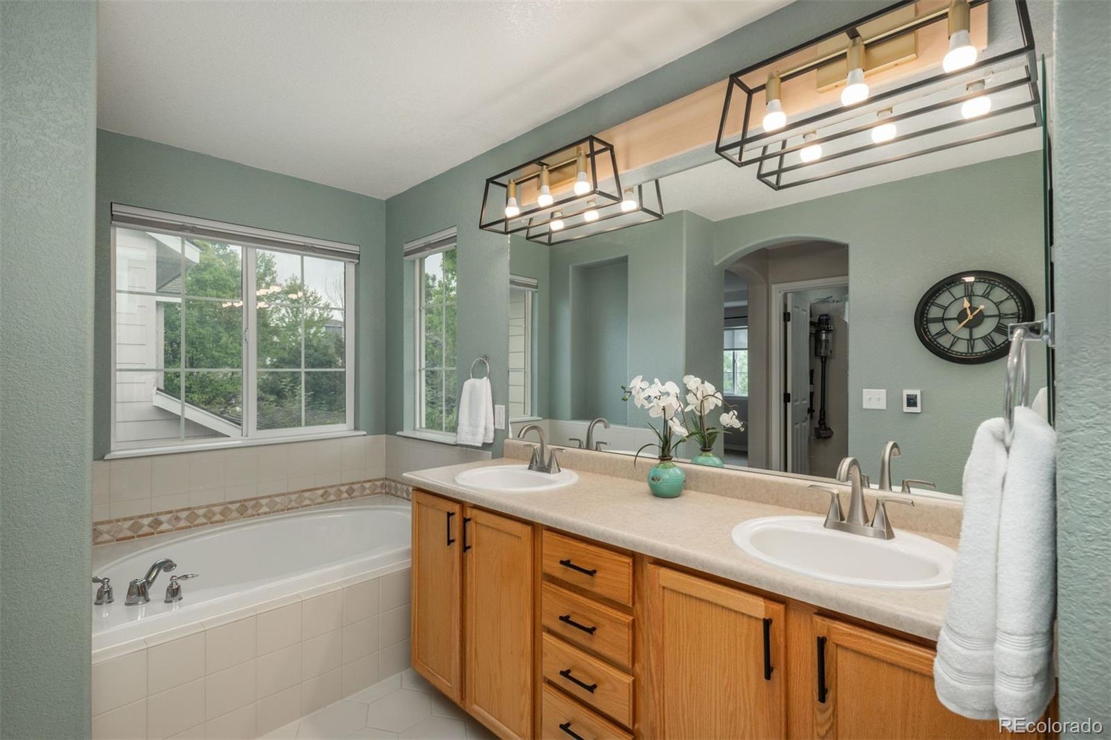 10696 Riverbrook Circle Highlands Ranch, CO 80126 - Photo 13 of 24 a bathroom with a granite countertop sink a large mirror a bathtub and next to a window