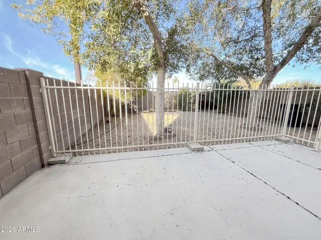 a view of a yard with plants and trees