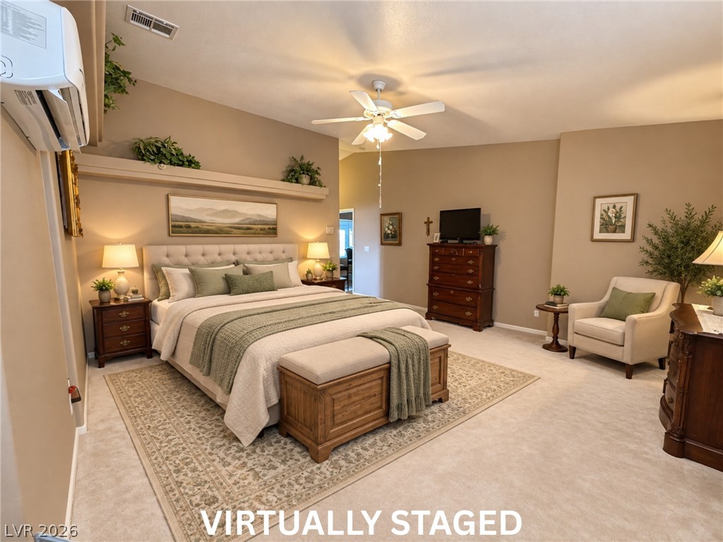 5470 Grain Mill Road Pahrump, NV 89061 - Photo 15 of 80 VIRTUALLY STAGED 18x16 primary bedroom. This bedroom offers a 12x8 walk-in closet, a very efficient mini-split AC, and a large bathroom.