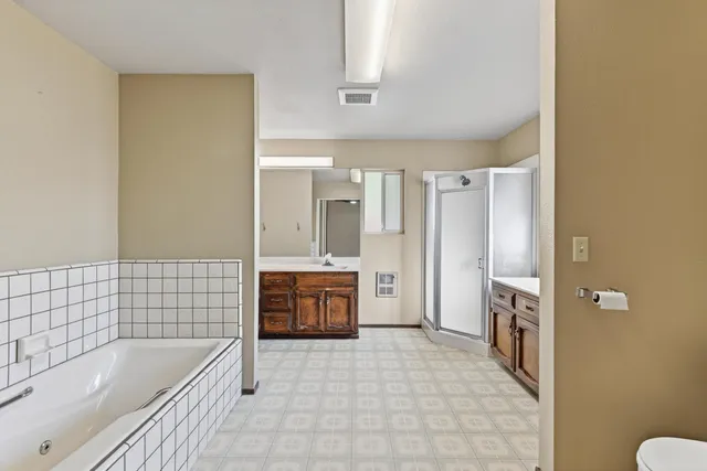 a bathroom with a tub a sink a mirror and a shower