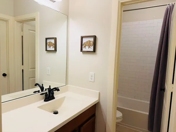 a bathroom with a sink vanity and a mirror