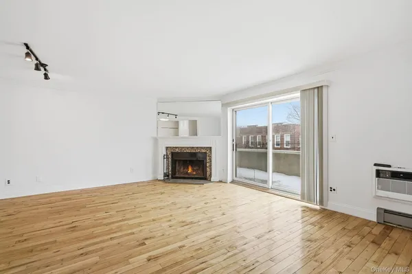 a view of empty room with wooden floor and fireplace