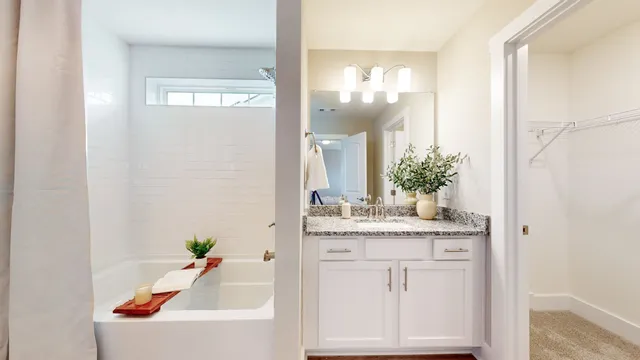 a bathroom with a bathtub sink vanity and mirror