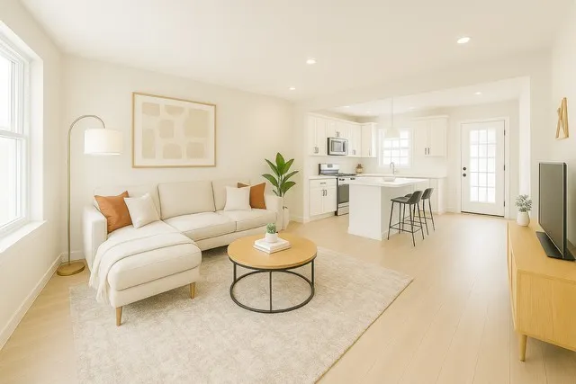a living room with furniture and a table