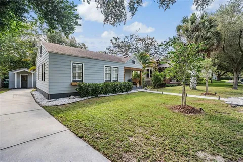 a house view with swimming pool